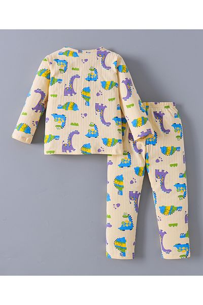 Babyhug SAPS Cotton Blend Dino All Over Printed Full Sleeves Pyjama/Co-ord Set - Beige