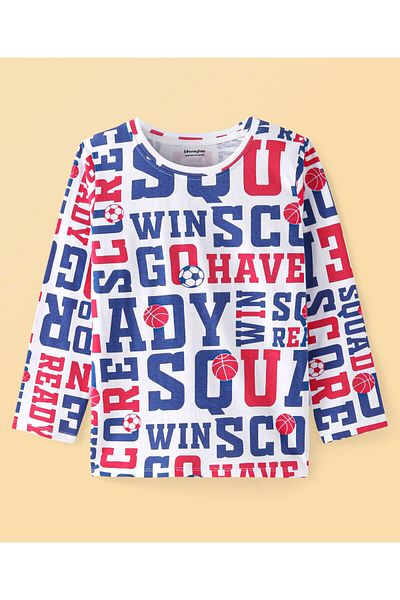 Honeyhap Premium 100% Cotton Knit Full Sleeves Night Suit With Text Print - White Red & Blue