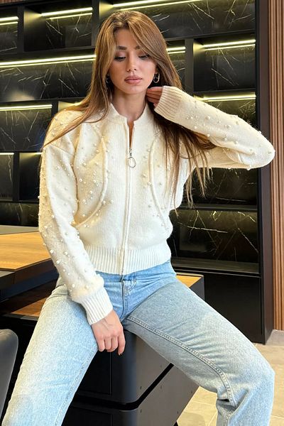 GÜLSELİ Cream Modern Design Pearl Printed Zippered Women's Jacket Cardigan