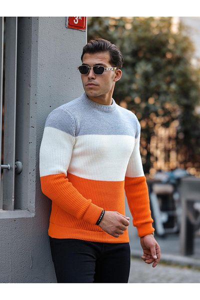 Valiberta Men's Sweater - Crew Neck, Piece Pattern, Orange