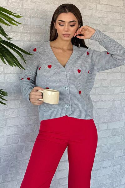 GÜLSELİ Heart Embroidered Gray Knitwear Cardigan