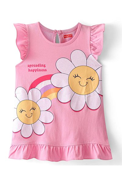 Babyhug قميص نوم من القطن المحبوك بأكمام مكشكشة مع طبعة زهور - وردي