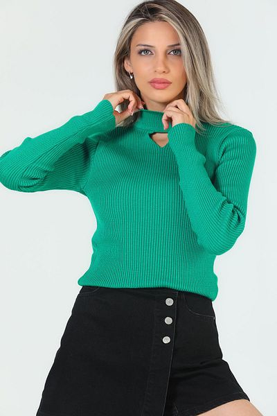 GÜLSELİ Green Women's Half Turtleneck Lycra Knitwear Blouse with Front Window