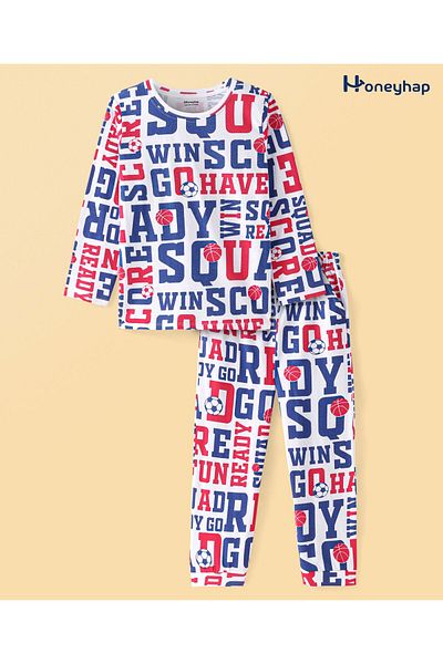 Honeyhap Premium 100% Cotton Knit Full Sleeves Night Suit With Text Print - White Red & Blue