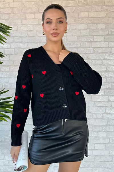 GÜLSELİ Heart Embroidered Black Knitwear Cardigan
