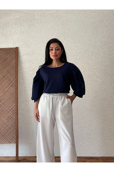 KÜÇÜĞÜM BUTİK Μπαλόνι μανίκι Navy Blue Crepe Μπλούζα - Crew Neck