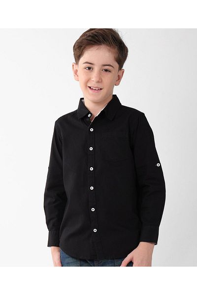 Pine kids قميص قطني منسوج بأكمام طويلة بلون واحد - أسود
