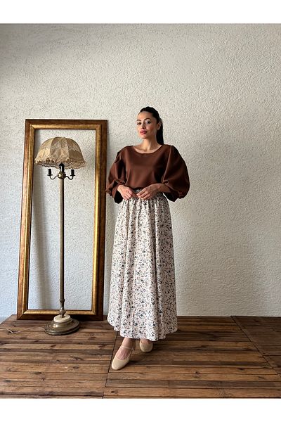 KÜÇÜĞÜM BUTİK Fusta evazată din popelin - Design floral gri maro