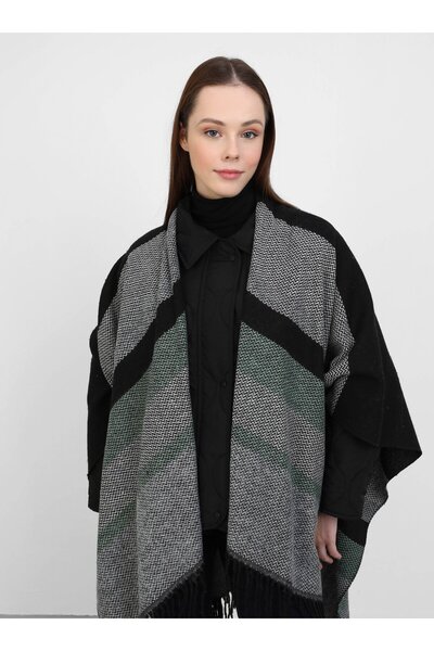 Tuva Patterned Acrylic Poncho - Black-Khaki - Patterned Poncho-Tuva