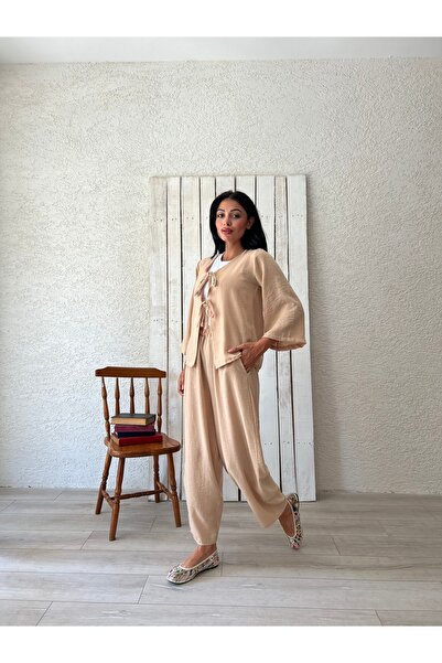 KÜÇÜĞÜM BUTİK Cream Linen Trousers-Tied Blouse Set (Pants-Bluse)