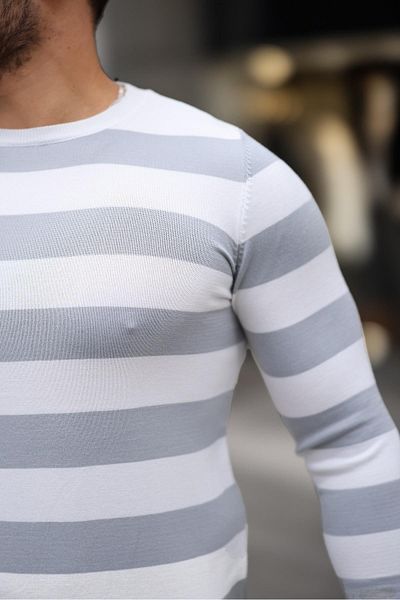 Valiberta Knitted Striped Crew Neck Thin Knitwear Men's Sweater - Gray