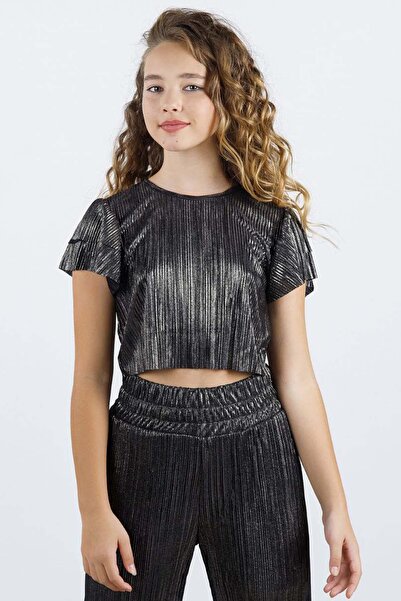 Riccotarz Bluză cu frunze din țesătură strălucitoare pentru fete, cu pliuri, pantaloni largi, cu fundul antracit
