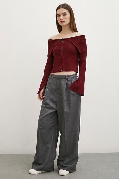 Never more Cardigan cu guler batistă cu fermoar burgundy