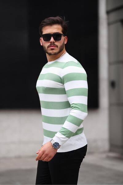 Valiberta Crew Neck Thin Knitwear Men's Sweater - Green Knitted Stripes