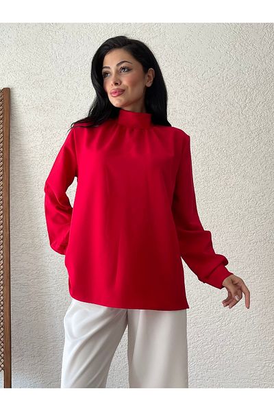 KÜÇÜĞÜM BUTİK Long Sleeve Crepe Blouse - Red, Neck Drawstring