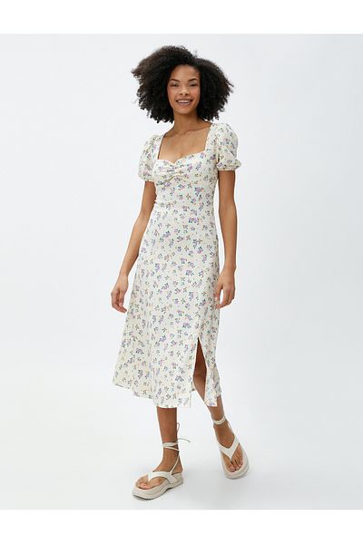 Koton Blumenkleid in Midi-Länge, herzförmiger Ausschnitt, Ballonärmel und Schlitz