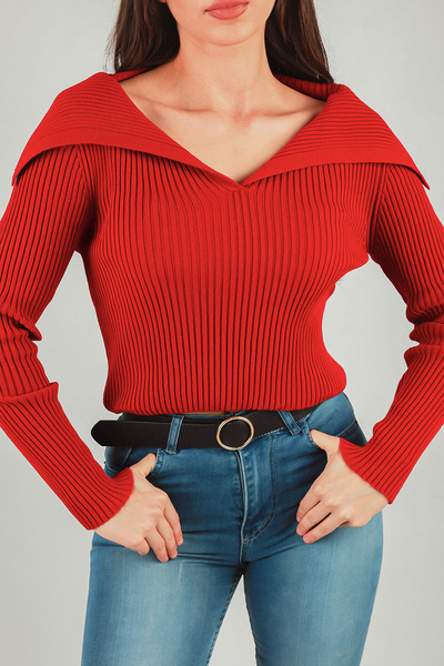 GÜLSELİ Claret Red Women's Turn-Down Collar Ribbed Lycra Knitwear Blouse