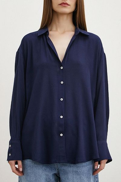 Never more Navy Blue Viscose Basic Shirt