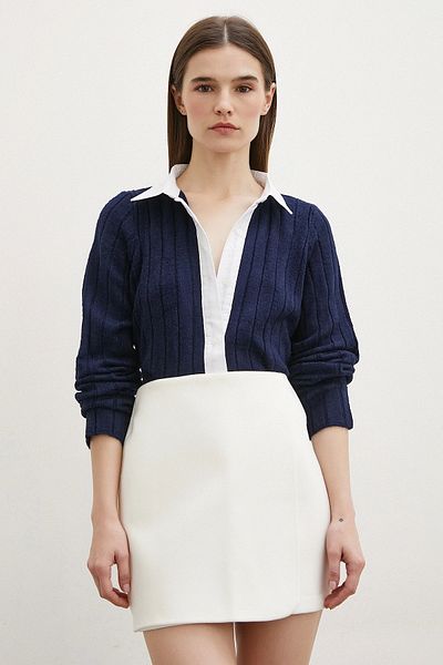 Never more Navy Blue Silk Cardigan - Shirt Collar