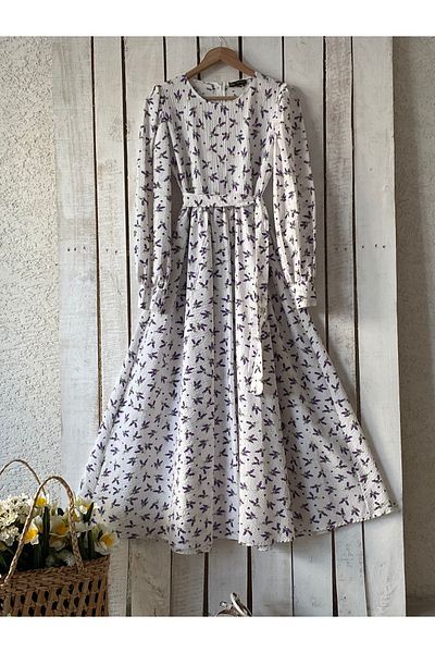 KÜÇÜĞÜM BUTİK Φόρεμα Hijab Λευκό-Μωβ Λεβάντα Floral Flared