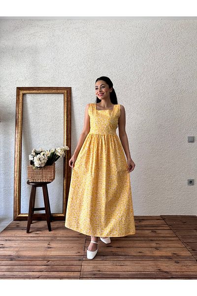 KÜÇÜĞÜM BUTİK Poplin Yellow Daisy Gilet - Τετράγωνος Γιακάς