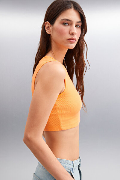 GRIMELANGE Tızıana Women's Organic Cotton Corded Stretchy Fabric Crop Orange Blouse