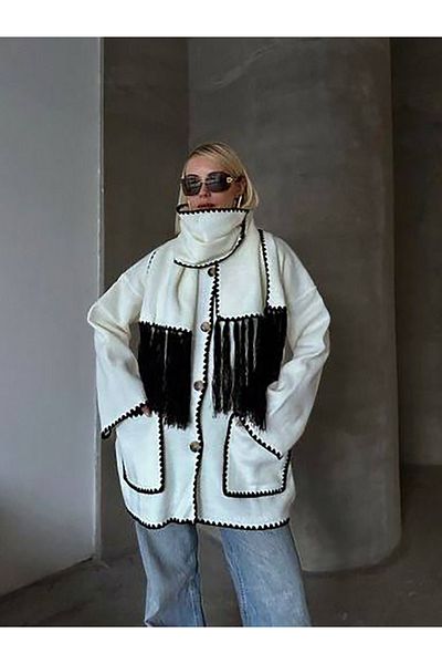 TrendParis jachetă cu eșarfă cu detaliu de broderie