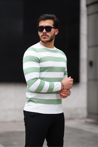 Valiberta Crew Neck Thin Knitwear Men's Sweater - Green Knitted Stripes
