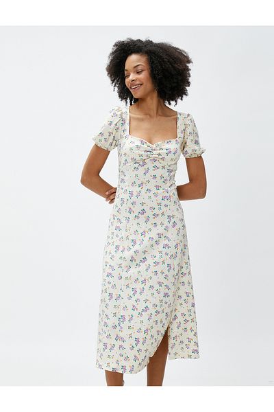 Koton Blumenkleid in Midi-Länge, herzförmiger Ausschnitt, Ballonärmel und Schlitz
