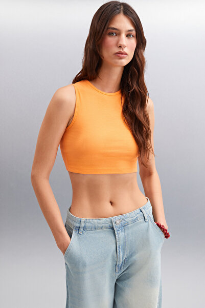 GRIMELANGE Tızıana Women's Organic Cotton Corded Stretchy Fabric Crop Orange Blouse