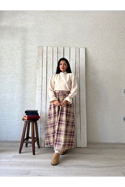 KÜÇÜĞÜM BUTİK Burgundy Plaid Cream Flared Skirt