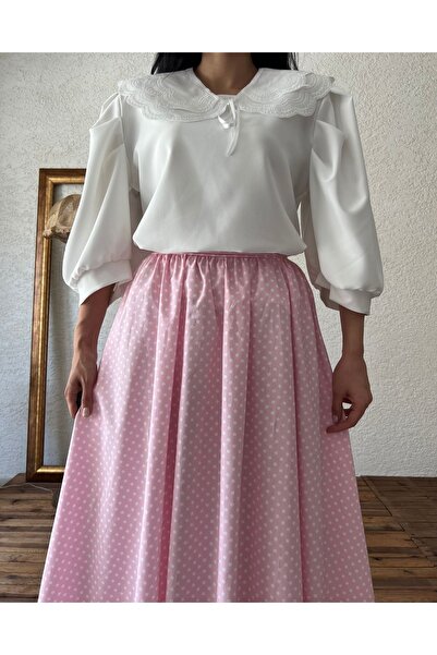 KÜÇÜĞÜM BUTİK Pembe Puantiyeli Kloş Poplin Etek