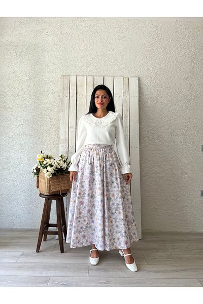 KÜÇÜĞÜM BUTİK Fusta poplin evazată cu flori de azalea liliac