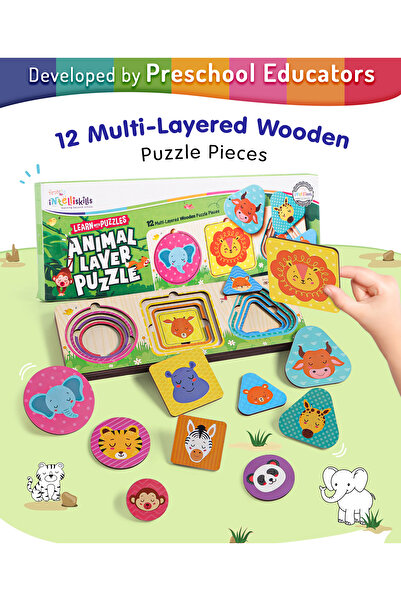 Intelliskills لغز Ahşap Hayvan Katmanlı 13 قطعة 3 Yaş çocuklar ıçin، Bilişsel...