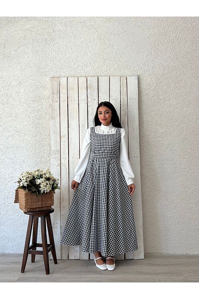 KÜÇÜĞÜM BUTİK Μακρύ μαύρο Gingham τετράγωνο γιακά Gilet-Bluz Σετ (GILLE-BLUZ)