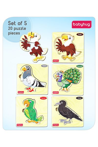 Babyhug أزهار الطيور Ahşap Bulmacalar 5'li Paket, 20 Parça, Cevre Dostu, 3 Yaş ve Üzeri Eğitici