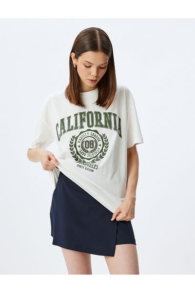 Koton Oversize College Printed Ecru Γυναικείο T-shirt 5sal10059ık