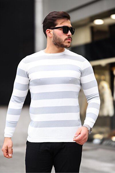 Valiberta Knitted Striped Crew Neck Thin Knitwear Men's Sweater - Gray