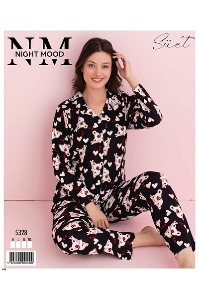 DK İÇ GİYİM Underwear Suede Pajama Set Koala Pattern Front Buttoned