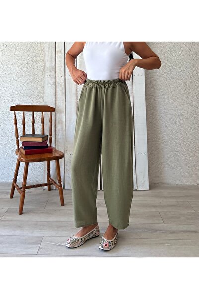 KÜÇÜĞÜM BUTİK Linen Loose Khaki Green Trousers