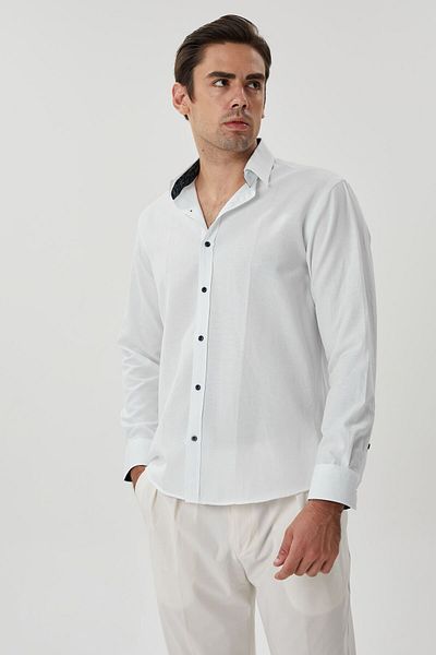 Enzio Garino Cotton Regular Fit White Shirt - Navy Patterned and Hidden Collar
