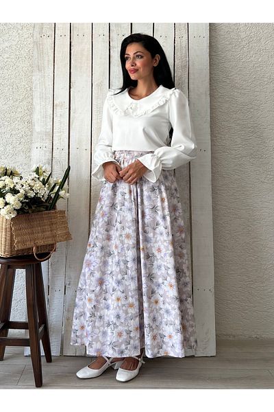 KÜÇÜĞÜM BUTİK Fusta poplin evazată cu flori de azalea liliac