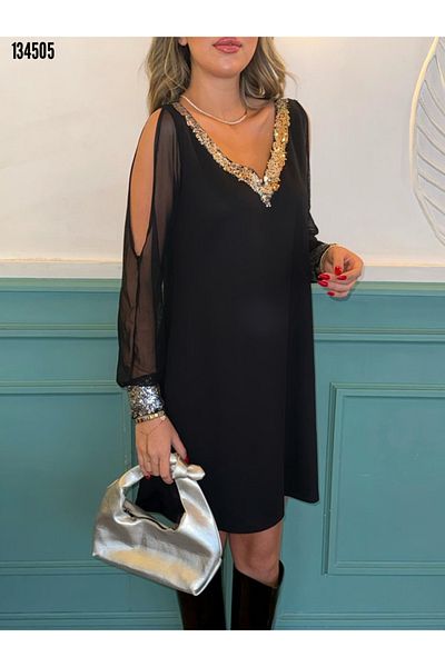 Kokosh moda Rochie neagră de damă, cu mâneci lungi, din tul, cu decolteu în V, scurtă din crepon