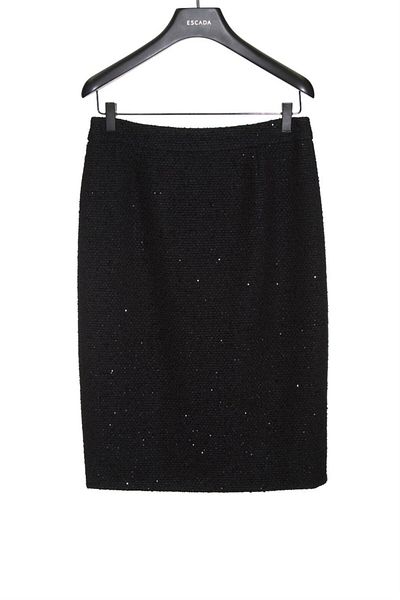 Escada Glitter Detailed Medium Length Black Wool Tweed Skirt