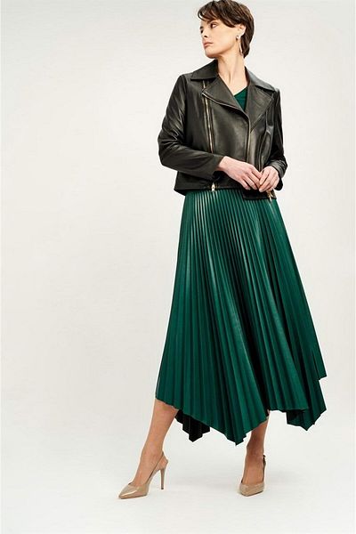 Escada Sport Leather Look Pleated Long Asymmetrical Green Skirt