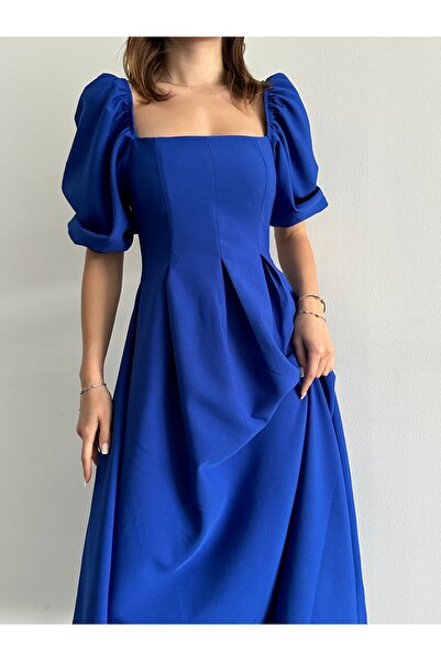 SONREİR Коротке плісироване довге плаття з квадратним вирізом і рукавом-балон