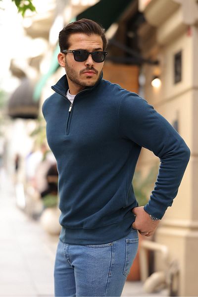 Valiberta Thessaloniki Knitted Half Zipper Men's Sweatshirt - Prussian Blue