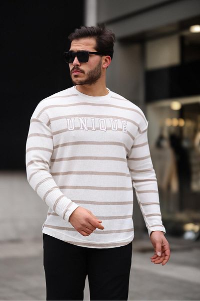 Valiberta Beige Color Unique Printed Striped Men's Sweatshirt