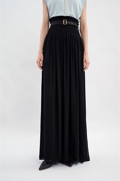 Escada Sport Belted Gathered Waist Long Length Black Viscose Skirt