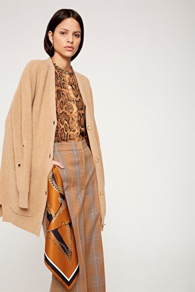 Escada V Yaka Cepli Uzun Boy Camel Yünlü Hırka